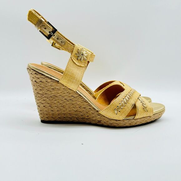 Jack Rogers Shoes Womens 9 Gold Tan Fabric Leather Sandals Slingback Wedge Heels - Picture 3 of 12